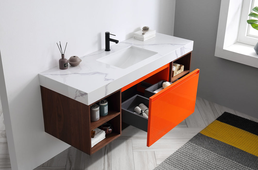 MANAROLA 60” RED AMBER/WALNUT WITH THICK QUARTZ WALL MOUNT MODERN BATHROOM VANITY (OPEN SHELVES)