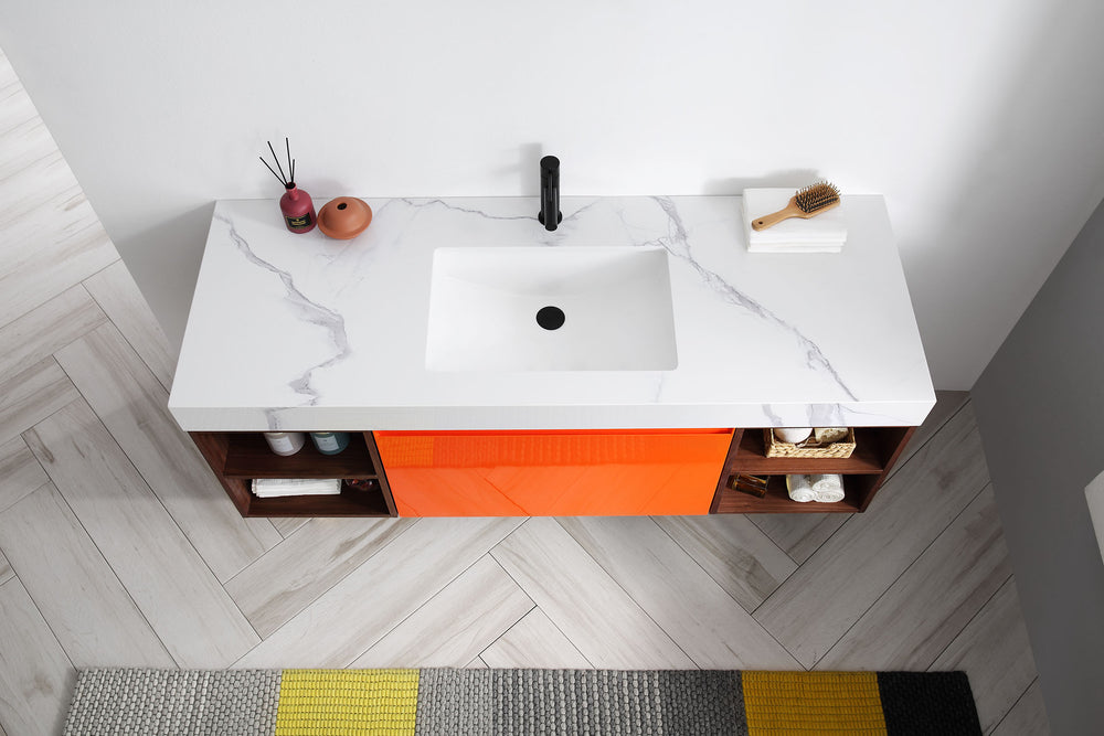 MANAROLA 60” RED AMBER WITH THICK QUARTZ WALL MOUNT MODERN BATHROOM VANITY (OPEN SHELVES)