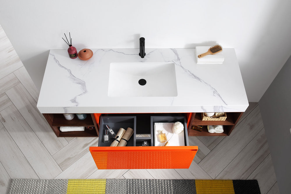 MANAROLA 60” RED AMBER WITH THICK QUARTZ WALL MOUNT MODERN BATHROOM VANITY (OPEN SHELVES)