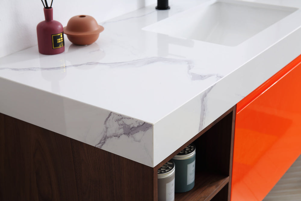 MANAROLA 60” RED AMBER WITH THICK QUARTZ WALL MOUNT MODERN BATHROOM VANITY (OPEN SHELVES)