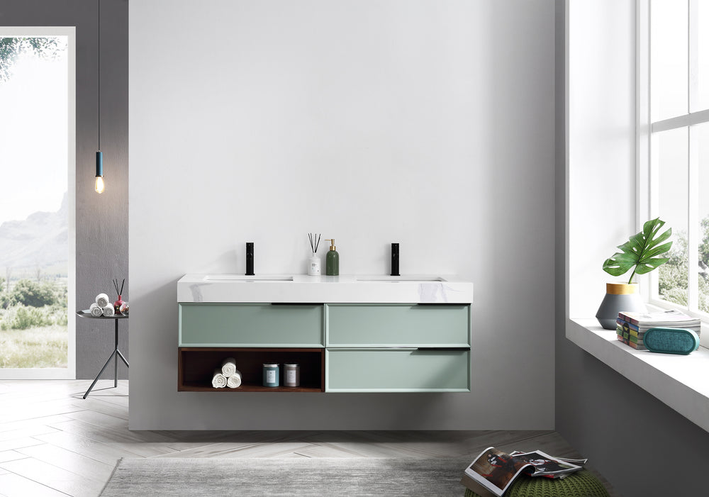 MARFA 60” ALOE GREEN/WALNUT WALL MOUNT MODERN BATHROOM VANITY