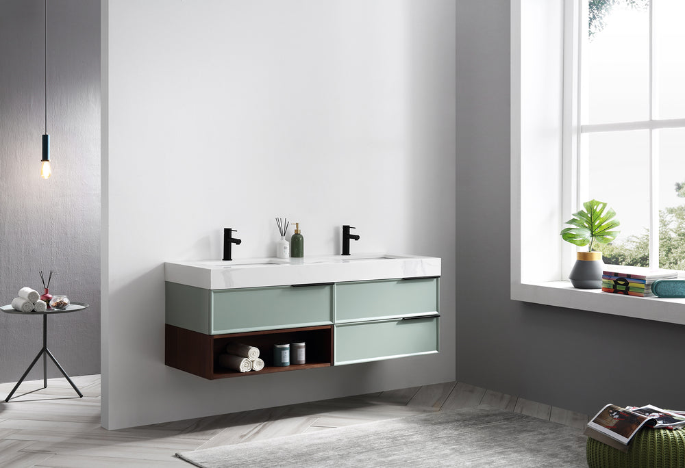 MARFA 60” ALOE GREEN/WALNUT WALL MOUNT MODERN BATHROOM VANITY