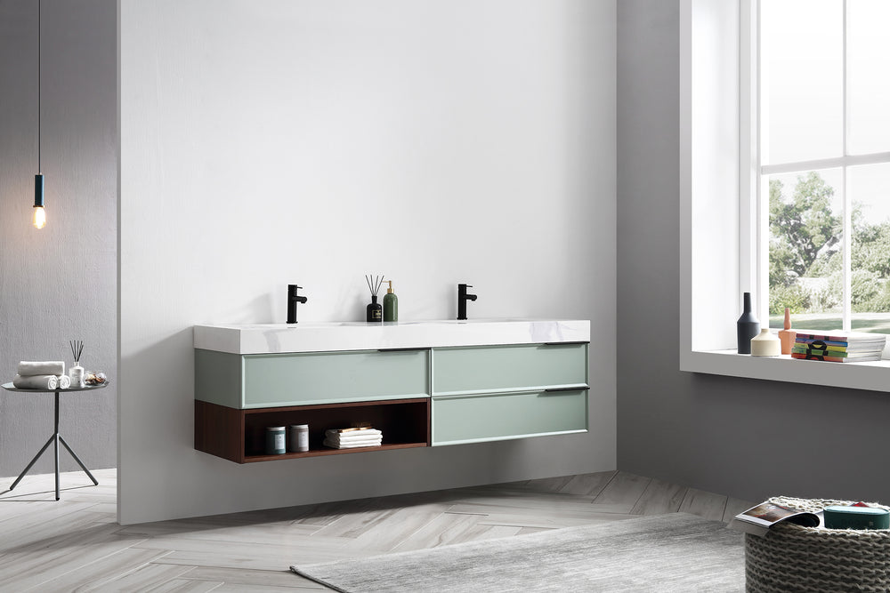 MARFA 72” ALOE GREEN/WALNUT WALL MOUNT MODERN BATHROOM VANITY