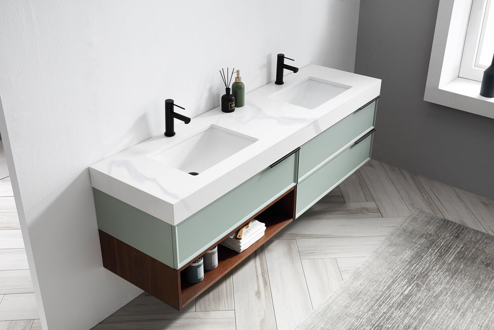 MARFA 72” ALOE GREEN/WALNUT WALL MOUNT MODERN BATHROOM VANITY