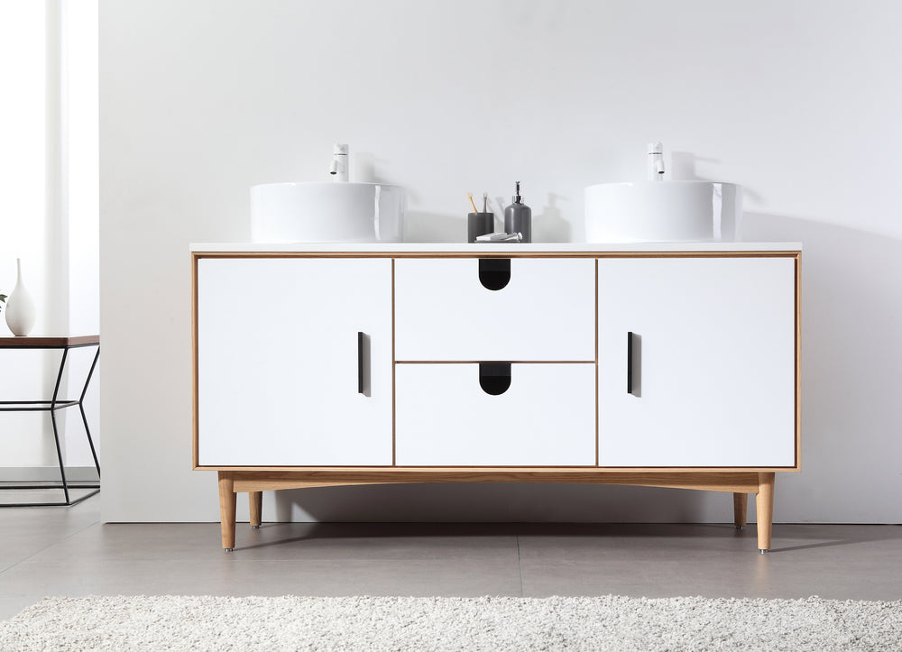 PORTREE 60”  MATTE WHITE MID-CENTURY FREESTANDING BATHROOM VANITY