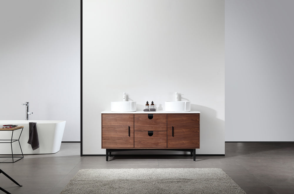 PORTREE 60” WALNUT MID-CENTURY FREESTANDING BATHROOM VANITY