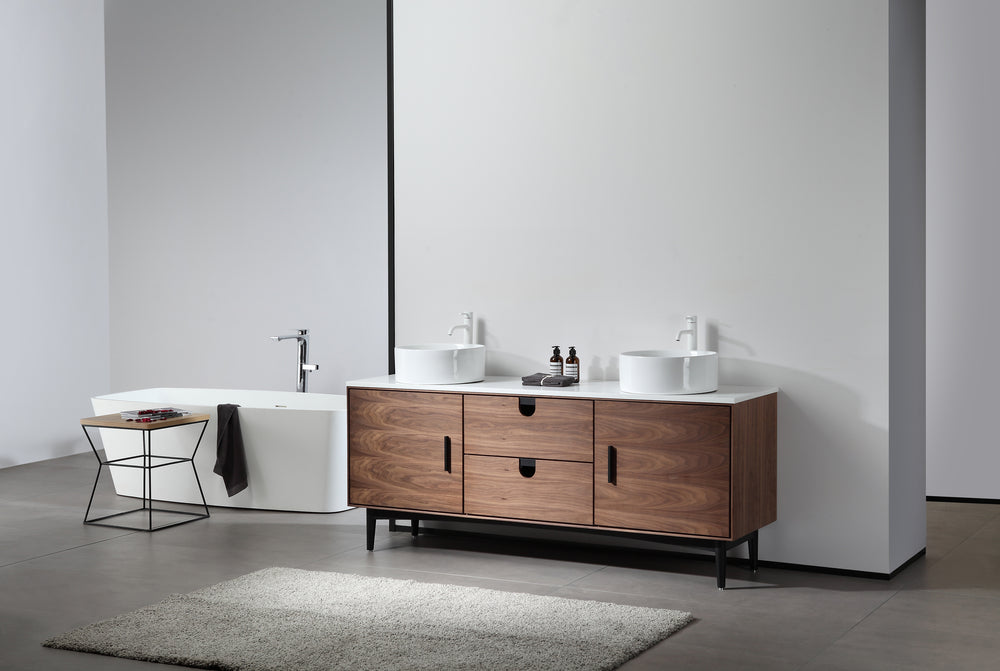 PORTREE 72”  WALNUT MID-CENTURY FREESTANDING BATHROOM VANITY