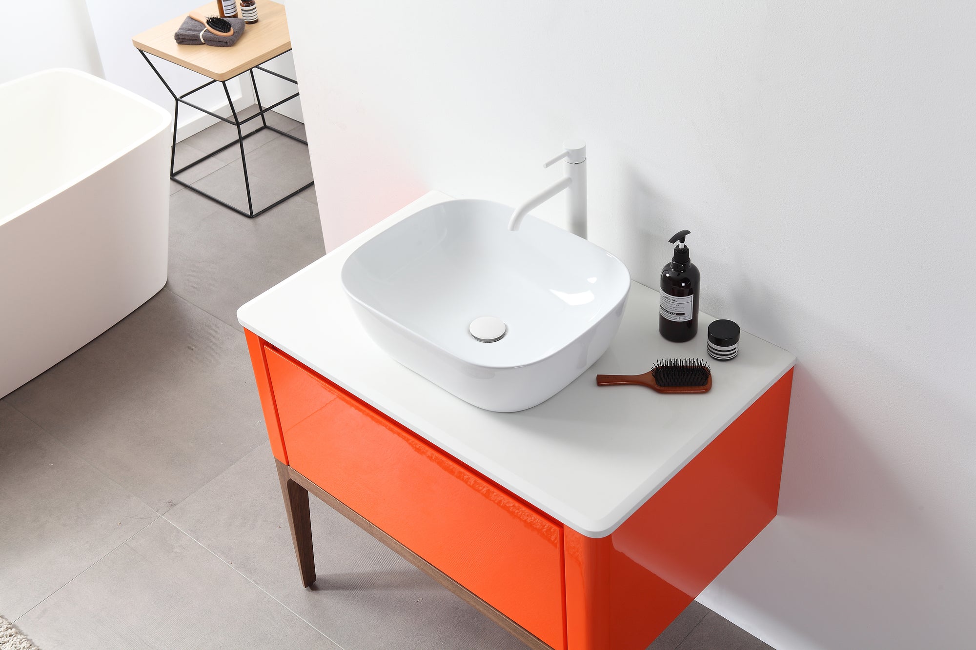 Karton Republic Manarola 60 Red Amber with Thick Quartz Wall Mount Modern Bathroom Vanity w/ Sink (Open Shelves) VAMANRA60WMQZ