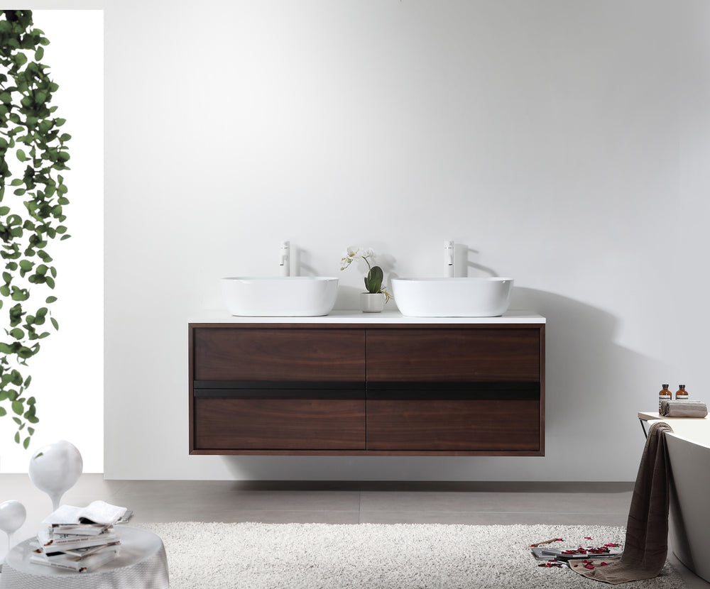 SINTRA 55”  DARK WALNUT OAK WALL MOUNTED MODERN BATHROOM VANITY