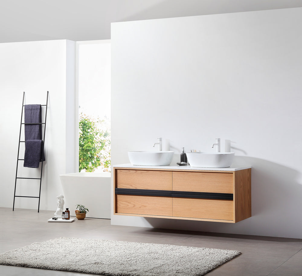 SINTRA 55”  WHITEWASH OAK WALL MOUNTED MODERN BATHROOM VANITY