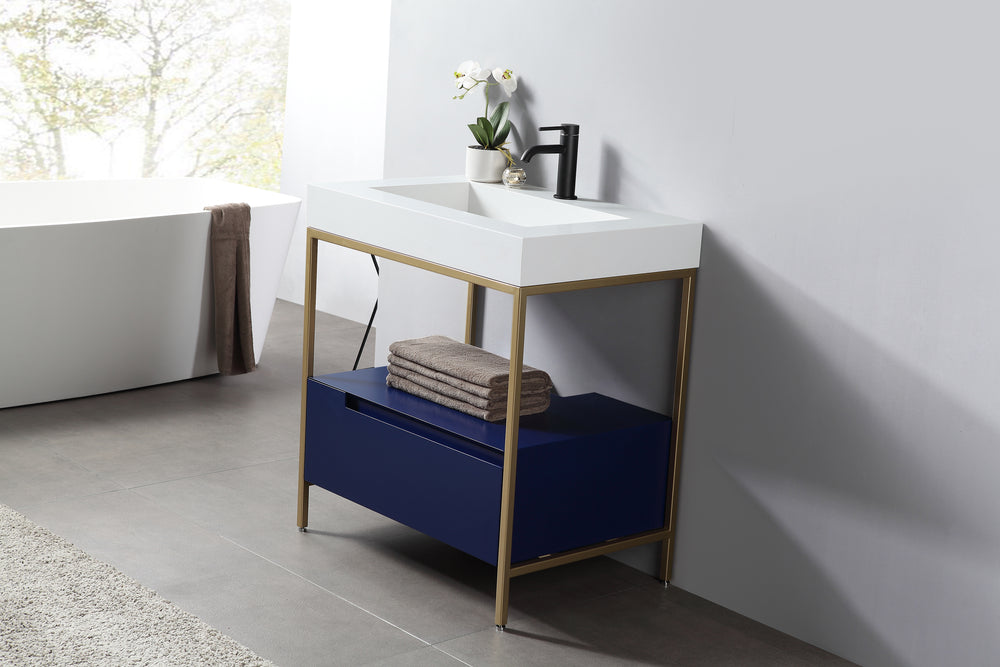 TEXEL 30” NAVY BLUE/GOLD INDUSTRIAL STYLE FREESTANDING BATHROOM VANITY