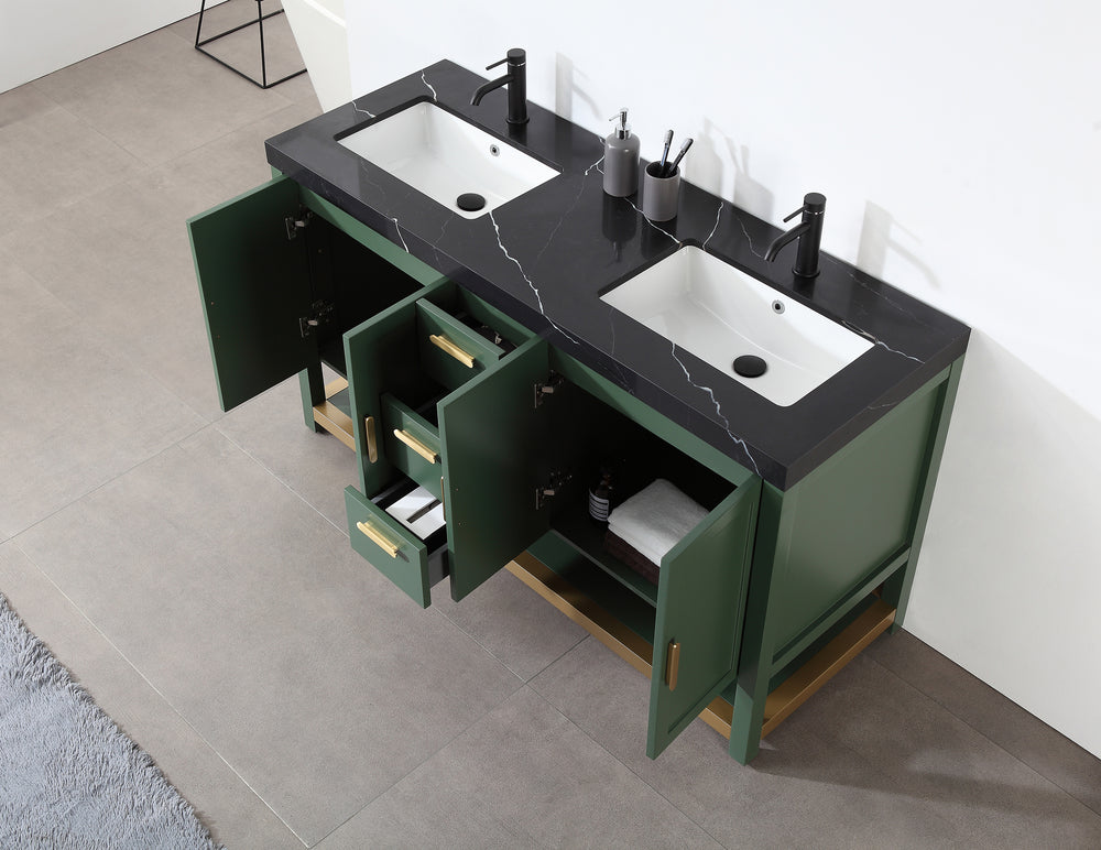 WINCHESTER 60” FOREST GREEN FREESTANDING MODERN BATHROOM VANITY (BLACK COUNTERTOP)