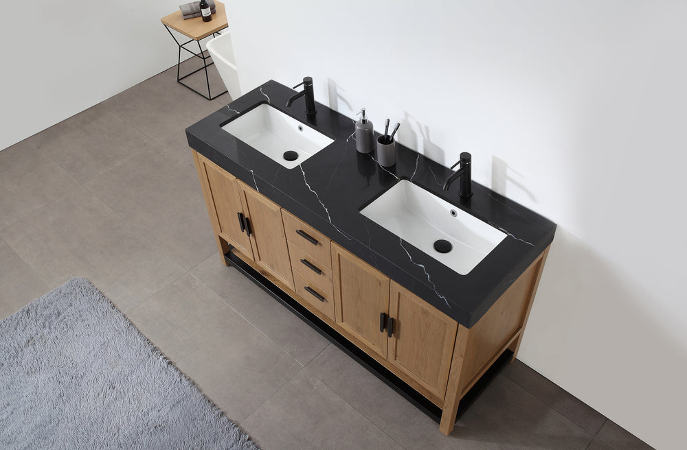 WINCHESTER 60” PECAN OAK FREESTANDING MODERN BATHROOM VANITY(BLACK COUNTERTOP)