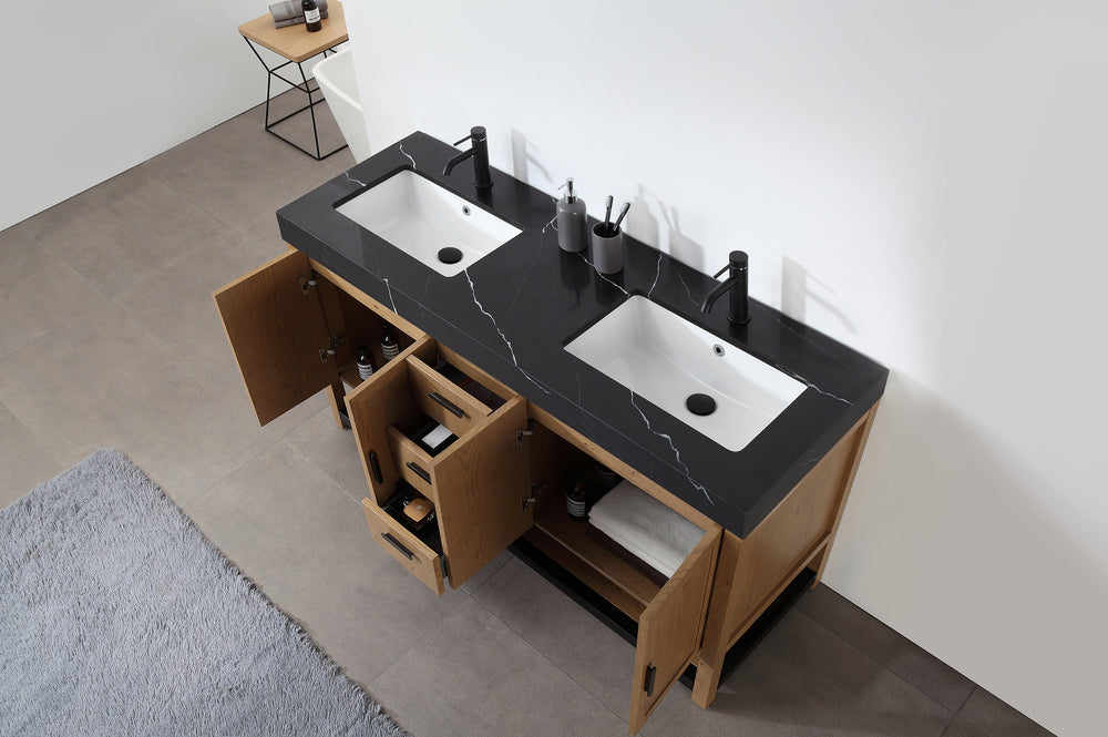 WINCHESTER 60” PECAN OAK FREESTANDING MODERN BATHROOM VANITY(BLACK COUNTERTOP)