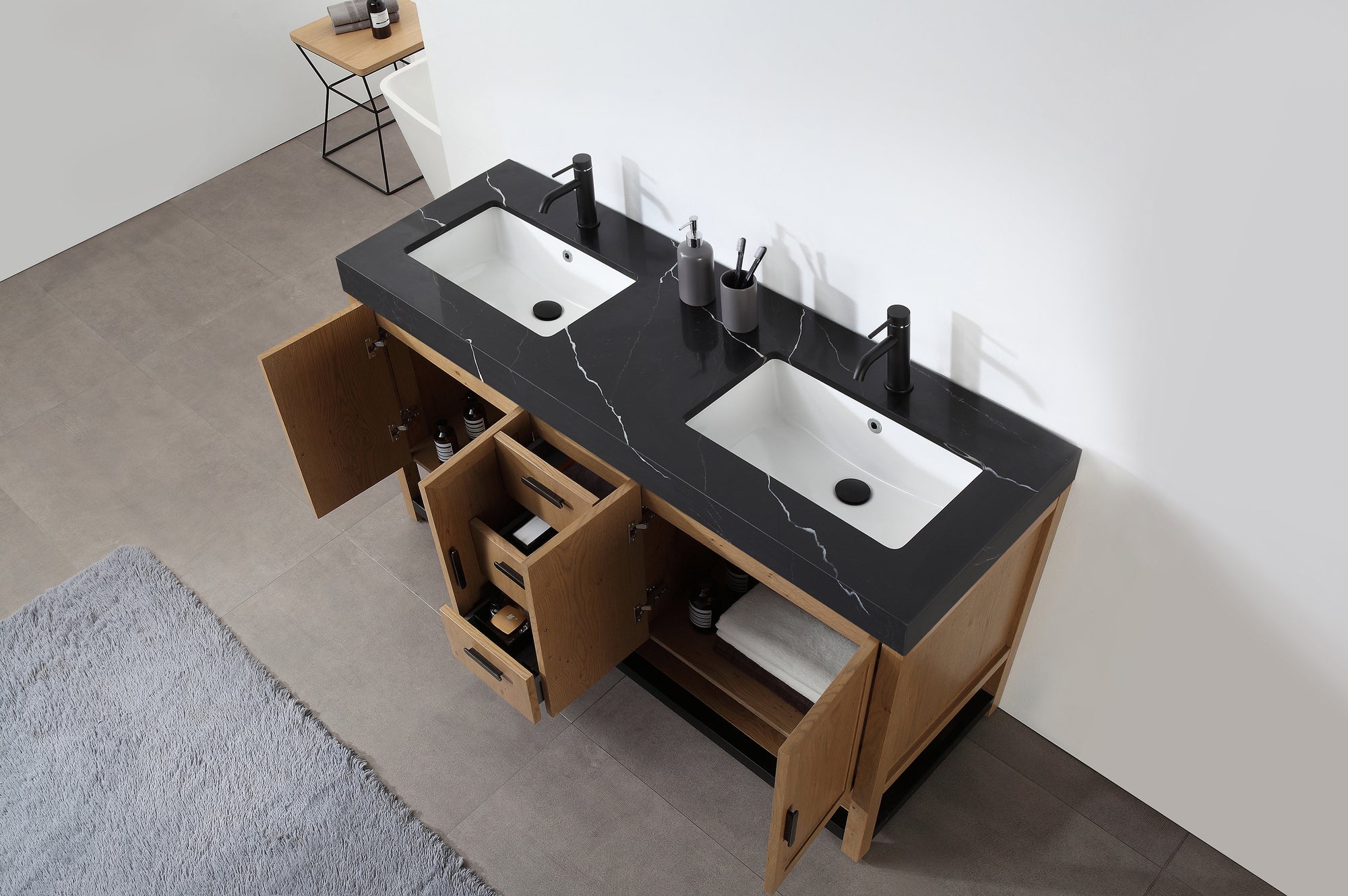 WINCHESTER 60” PECAN OAK FREESTANDING MODERN BATHROOM VANITY(BLACK COU ...