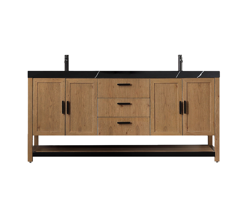 WINCHESTER 72” PECAN OAK FREESTANDING MODERN BATHROOM VANITY(BLACK COUNTERTOP)